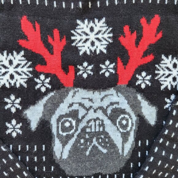 Pug Reindeer Dog Christmas Sweater Cute Ugly Holiday Party Black Unisex Small - Picture 2 of 8